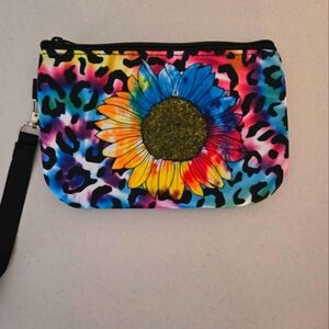 Boutique Watercolor Sunflower Leopard Print Neoprene Zip Single Pocket Wristlet